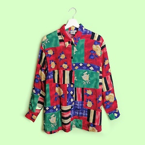 Vintage 80&#39;s 90&#39;s ALBA MODA Abstract Print Blouse Retro Pattern Shirt Top Women - size L / 44
