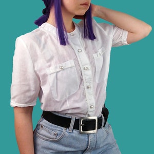 Vintage 80&#39;s Sheer White Blouse / Top with Pearl Buttons