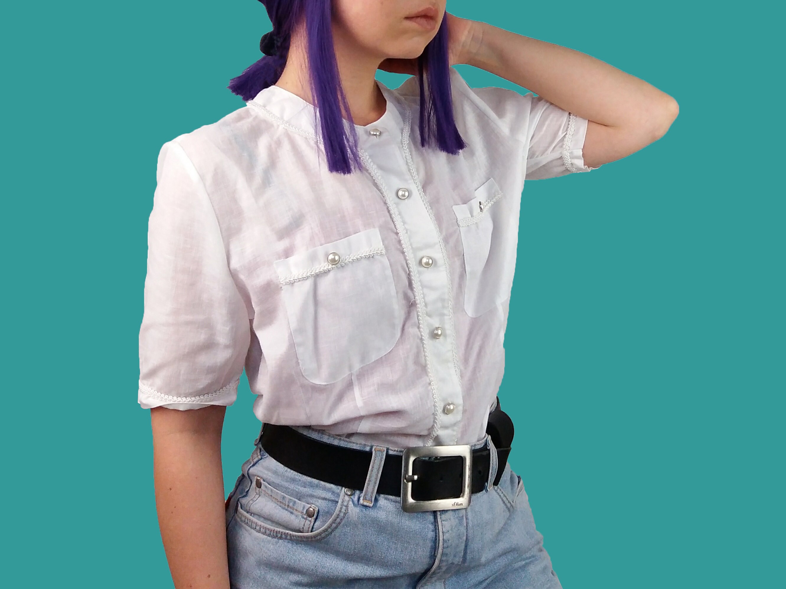 トップス 80s- White see-through shirt 80s White Sheer Blouse, Vintage Cute Transparent Button up