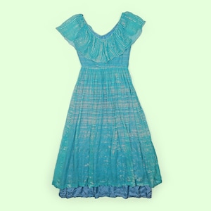 MUREK MODELL 70&#39;s Silk Dress  Blue Gold  Vintage 80&#39;s dress Layered Full Skirt Sheer  - size S - 36