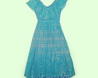 MUREK MODELL 70's zijden jurk blauw goud Vintage jaren 80 jurk gelaagde volledige rok pure - maat S - 36