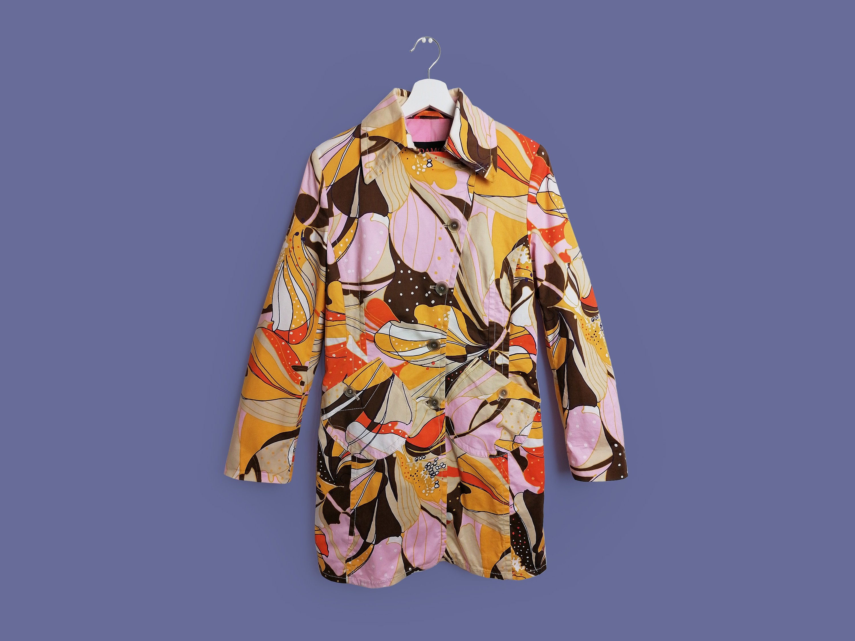 Vintage 90 s DAMO Orange Label Trench Coat 60 s Print Floral Abstract Mod Jacket Women Size S mm UK 12 Eu 38 Etsy