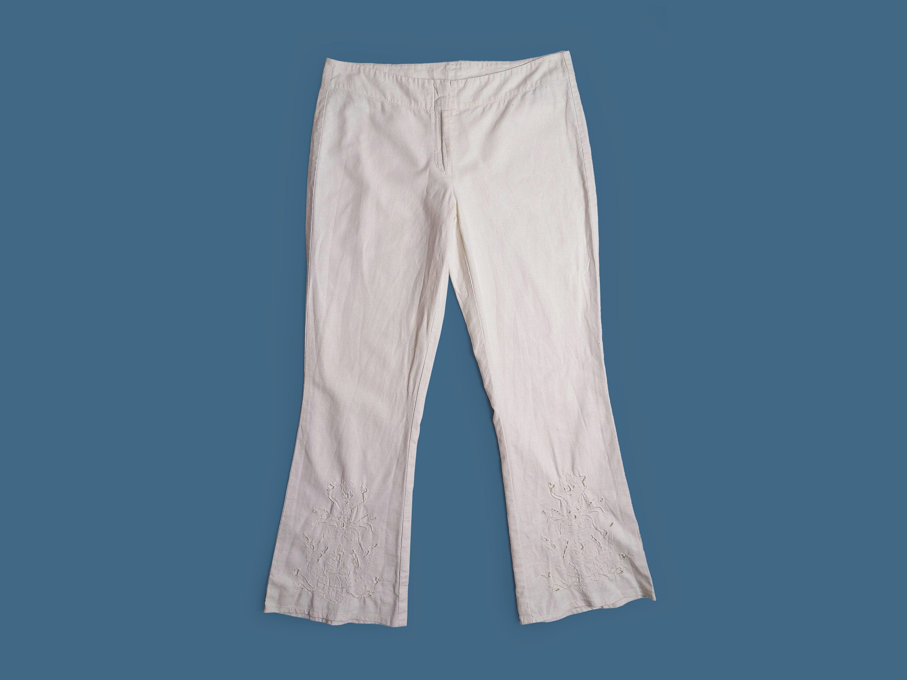 パンツ 1990s Euro white Linen Trousers Vintage 90's Linen Cotton White Pants Flared Trousers Women - Size