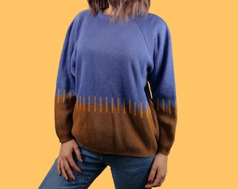 Vintage 80's 90's Retro Graphic Pattern Knit Sweater Blue and Burnt Orange - size S-M