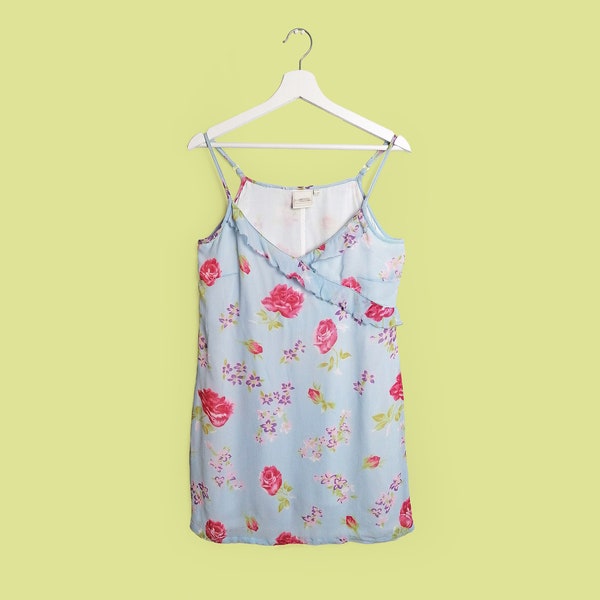 Vintage Y2K BON'A PART Cottage Core Style Summer Slip Dress Flowers Dainty Meadow Frilly Dress Blue - size S