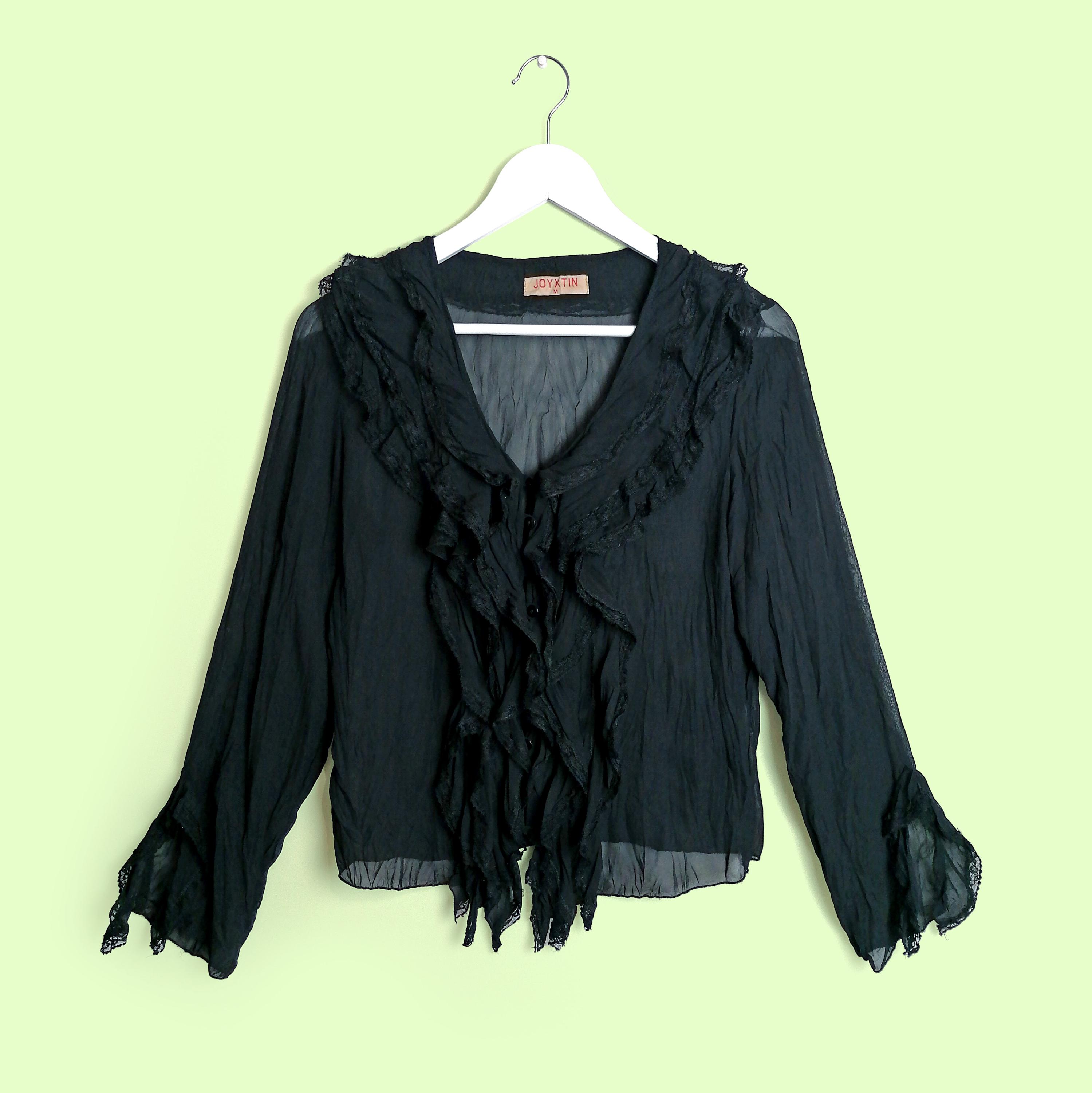 Vintage Y2K Black Sheer Blouse Mesh Tulle Top Frilly Ruffle Boho 
