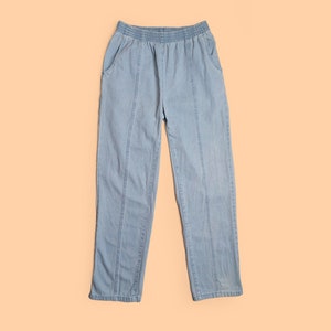 Jeans mom taille haute vintage des années 90, taille élastique, jambe fuselée, pantalon en denim bleu clair - taille S-M