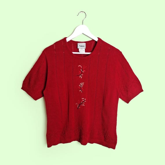 NIKKI Vintage 80's Soft Knit Top Retro Red Embroidery Made in USA