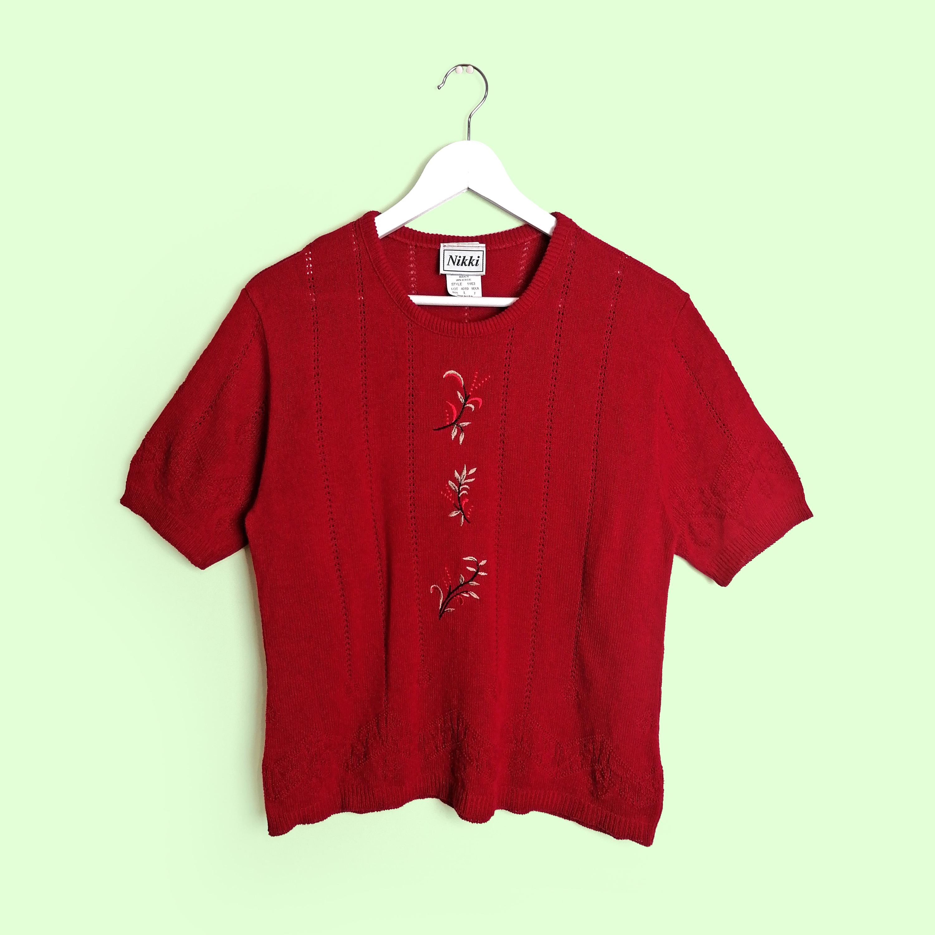 NIKKI Vintage 80's Soft Knit Top Retro Red Embroidery Made in USA