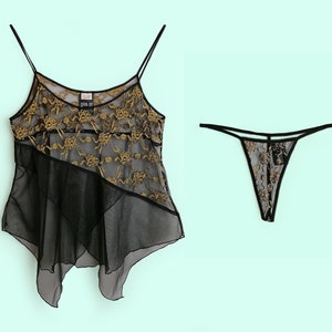 Vintage 90er Jahre Y2K Sheer Tüll Dessous Set Tank Top Cami BH Soft Cups Camisole G-String Höschen Unterwäsche schwarz Gold - Größe M-L / UK 14