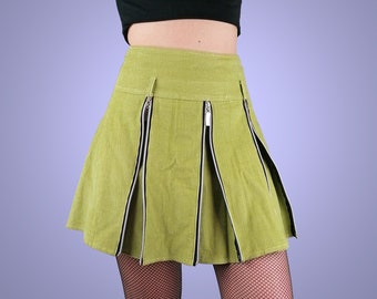 Vintage 90's Y2K Corduroy Chartreuse Denim mini-skirt with zippers Grunge Goth Cyberpunk Skirt - size S