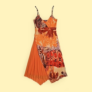 Vintage Y2K  Micro-Mesh  Slip Dress Animal Zebra print Orange Layered Lettuce Hem 90&#39;s Dress - size S-M