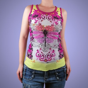 MARC AUREL Vintage Y2K 2000s Dragonfly Mesh Top Sleeveless Shirt Festival Rave Grunge - size XS-S