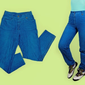 Vintage 80er High Waist Cord Samt Mom Jeans Regular Fit Elektrisch Blau Retro Hose Damen Hose - Größe XS-S (Taille 72)
