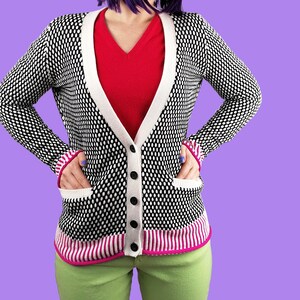 Vintage 90&#39;s KOOKAI Cardigan Knit Sweater White Black Pink - size S-M