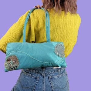 Vintage 90&#39;s Y2K Small Shoulder Party Bag Retro Satin Purse Turquoise Blue Embellished Beads Bag New Year