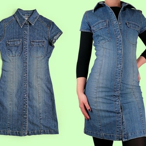 PIMKIE Vintage 90&#39;s Button Down Jean Denim Dress Pencil Skirt Snaps Closure - size XS-S