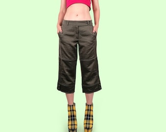 LAMERS Y2K 2000er Jahre Low-rise Satin Capri Cargo Hose Olivgrün Braun Weites Bein Deadstock - size S-M / 38