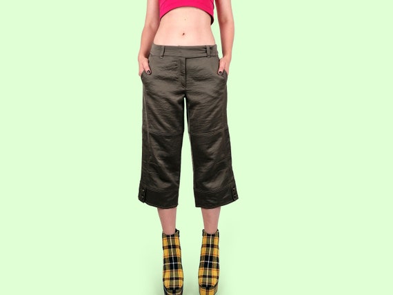 LAMERS Y2K 2000s Low-rise Satin Capri Cargo Pants Olive Green Brown Wide  Leg Deadstock Size S-M / 38 