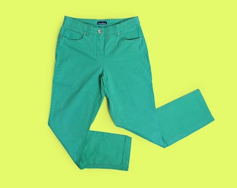 Vintage 90-tals högmidjade turkosa mombyxor 90-talsfärgade jeans / blå bomullsbyxor / Storlek S-M