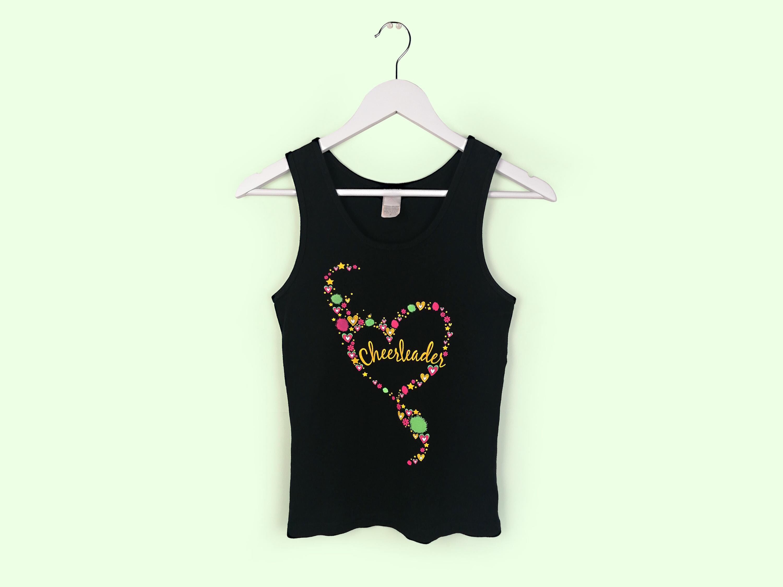 Y2K Tank Top Cheerleader Print Vest Sleeveless Top Black Made in USA  - size S-M
