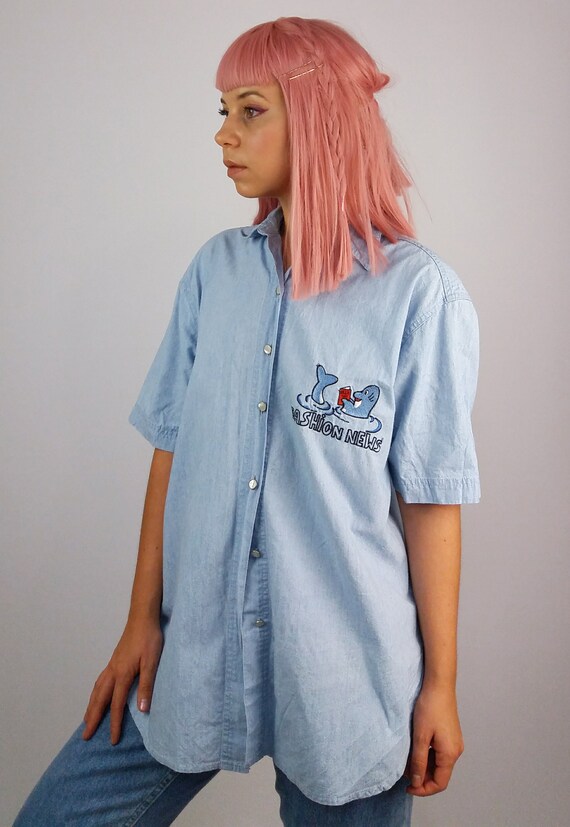 Vintage 90's Lightweight Oversized Denim Shirt Bl… - image 8