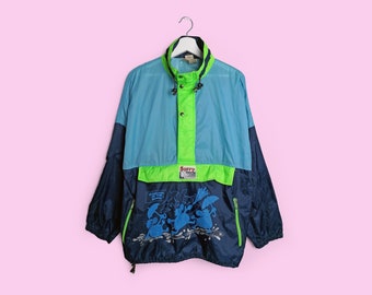 ヴィンテージ 80 年代 SORRY ユニセックス レインコート パッカブル 防水 紙のように薄いジャケット 漫画プリント ピンク カラーブロック アノラック フェスティバル - サイズ M