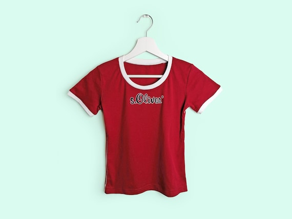 White - Embroidery S. Size Oliver Etsy T-shirt Trim Denmark Red Logo XS-S Y2K Ringer