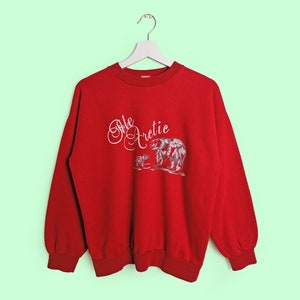 Puede incluir: Sudadera roja con las palabras "The Arctic" en escritura cursiva. Debajo del texto hay una ilustración de un oso polar y su cachorro. La sudadera está colgada de una percha blanca sobre un fondo verde claro.