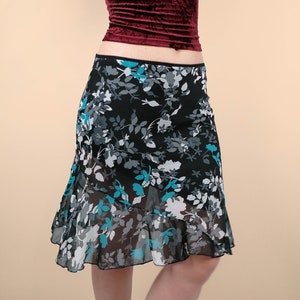 Vintage Y2K  Skirt Flowers Print Lettuce Hem Frilly Layered Mesh Sheer - size M / 40