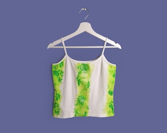 Vintage Y2K Tank Top Spaghetti Straps White Green Glitter Sequins Print Summer - size XS-S