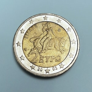 Sällsynt 2 EUR-mynt 2002 Grekland - 'Europas bortförande' - Samlarmynt Numismatisk myntsamling Grekiskt mynt präglat i Grekland