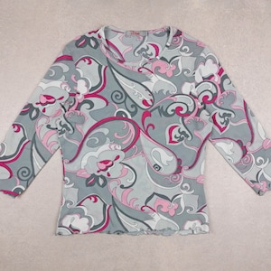 S. OLIVER Vintage Y2K Mesh Crop Top Lechuga Hem Poliéster Blusa Top Abstract Paisley Boho Print - talla M-L