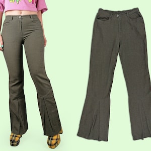 Vintage Y2K Linen Pants Low Waist Flare Leg Dark Olive Green - size XS-S