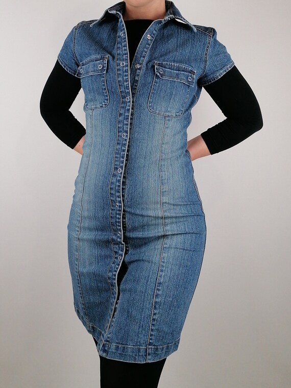 PIMKIE Vintage 90 s Button Down Jean Denim Dress Pencil Skirt