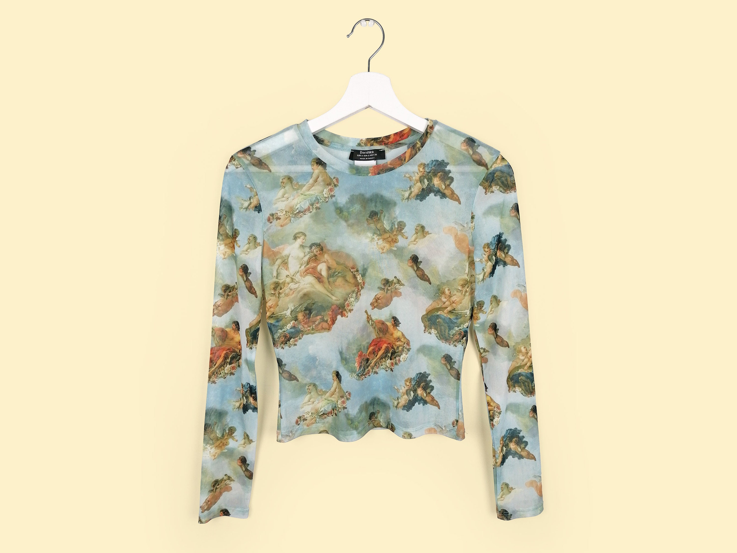 BERSHKA Art Collection Cherub Angel Long sleeve Mesh Top Angelcore Micro Mesh Top Lace Blouse Sheer baby Blue size S