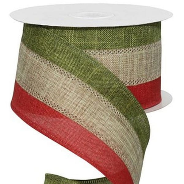 2.5" x 10yd Natural, Red & Olive Green Tri Stripe Ribbon, Wired Christmas Ribbon