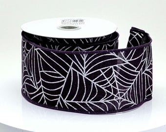 2.5" x 10yd Purple Ribbon with Silver Spiderwebs, Halloween Ribbon