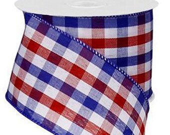 2.5” Patriotic Check Wired Ribbon, Red White & Blue, 4th of July Ribbon, 10 Yards