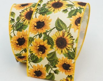 2.5" Cream Canvas Ribbon with Marigold Sunflowers, Farrisilk Designer Ribbon, Spring Ribbon, Ribbon for Wreaths & Bows