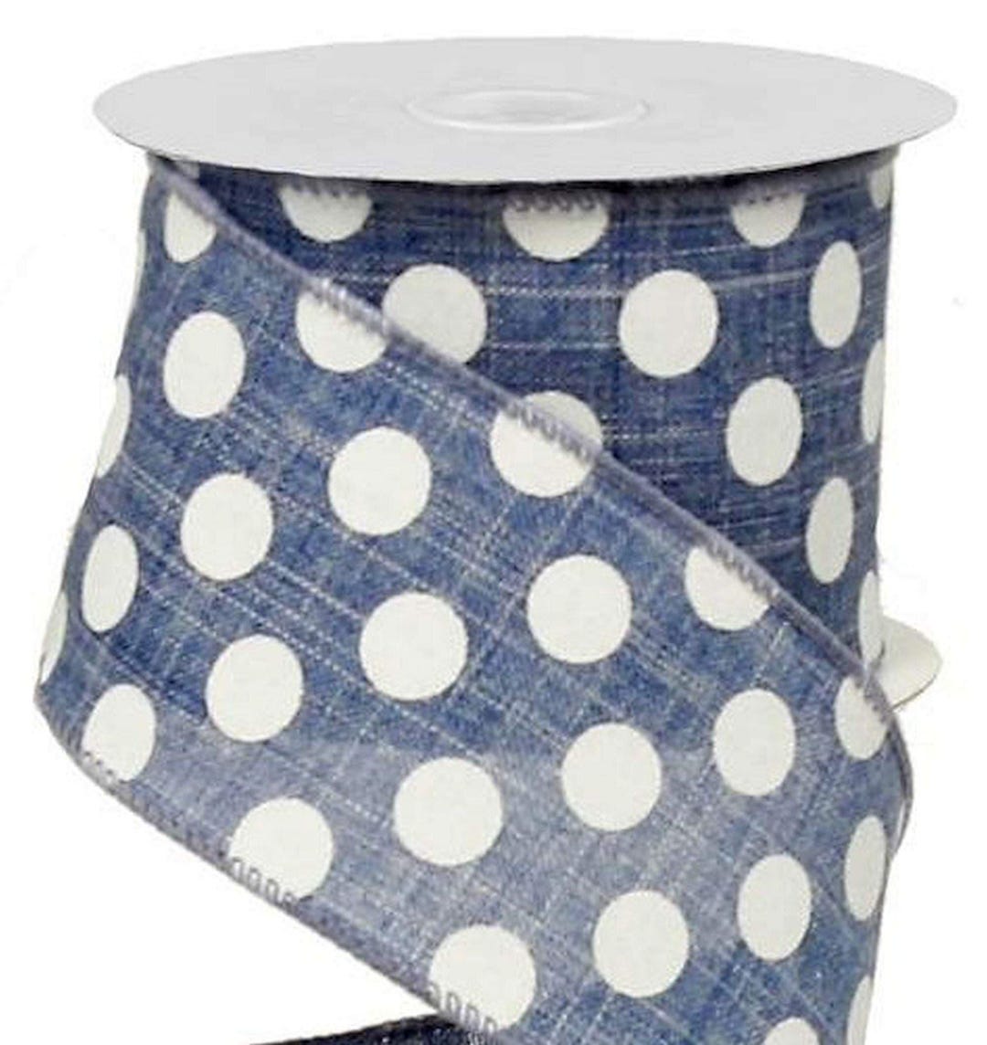 Blue Denim Ribbon With White Polka Dots - Wired Spring Ribbon - 2.5