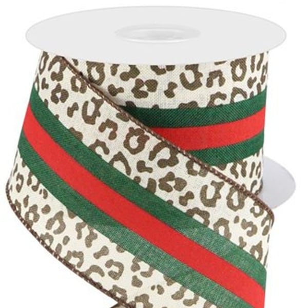 2.5" x 10yd Leopard Ribbon with Red & Green Ctr Stripes