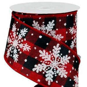 2.5&quot; x 10yd Red & Black Buffalo Plaid Snowflake Ribbon, Wired Christmas Ribbon