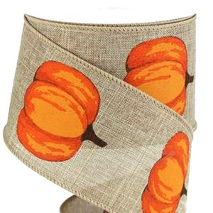 2.5&quot; x 10yd Natural Ribbon with Various Orange Pumpkins, Wired Autumn Ribbon
