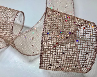 2.5" x 10yd Rose Gold Mesh Ribbon, Wired Christmas Ribbon