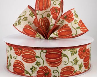 2.5" x 10 yds Glittered Pumpkin Ribbon, Wired Autumn / Fall Ribbon