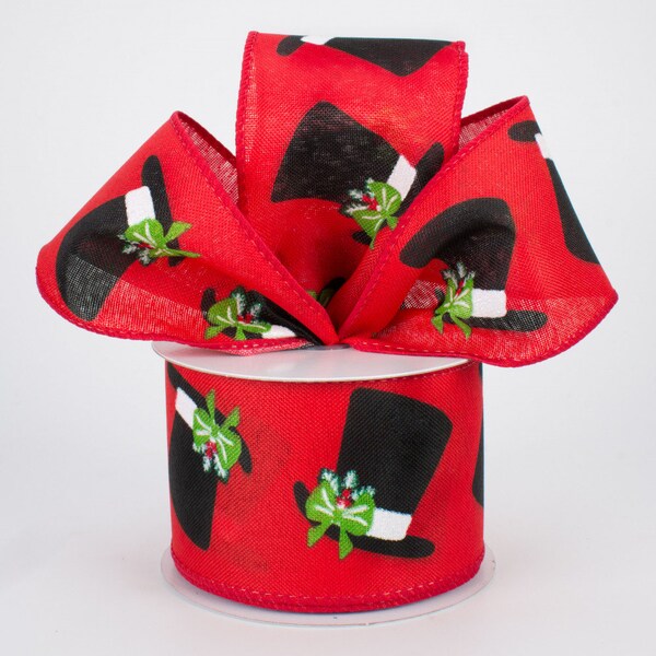 2.5" x 10 Yds Red Linen Ribbon with Snowman Top Hats,  Wired Christmas Ribbon