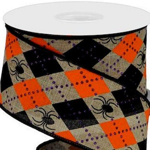 2.5&quot; x 10yd Black Spiders on Natural, Orange & Black Canvas Argyle Ribbon, Wired Halloween Ribbon