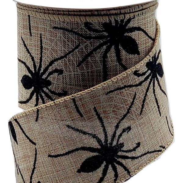 2.5" x 10yd Natural Canvas Ribbon with Black Glitter Spiders & Cream Webs, Wired Halloween Ribbon, Ribbon for Bows and Wreaths