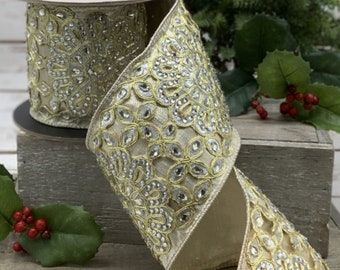 4" x 5yds d.stevens Platinum Dupioni with Platinum & Gold Medallion Trim, Ornate Embroidered Designer Christmas Ribbon